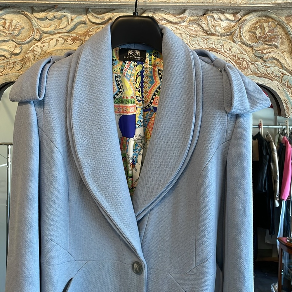 Blue crepe wool double breasted shawl collar long coat with bright lining